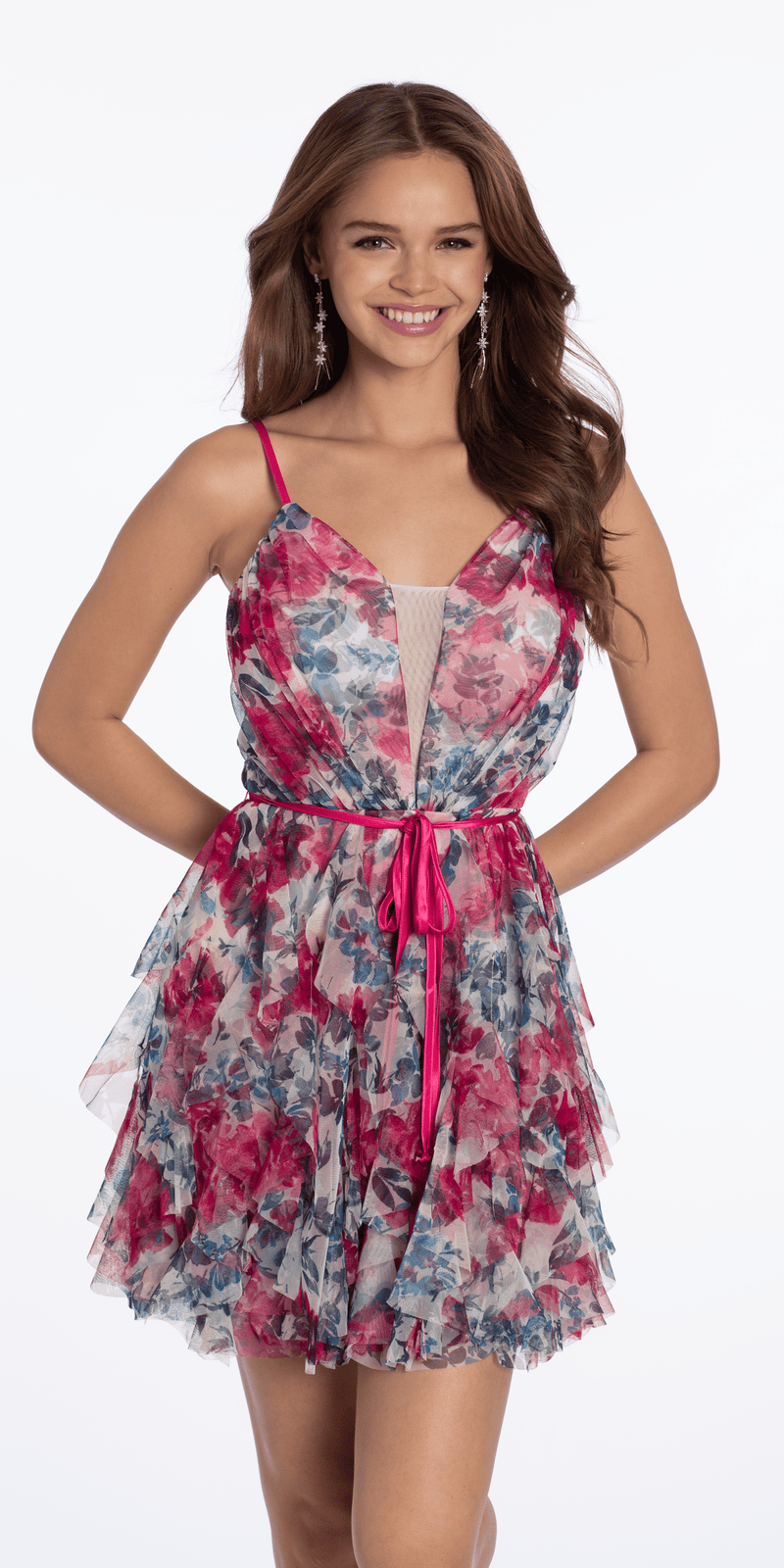 Plunging Floral Tiered Fit and Flare Dress with Satin Tie Image 4