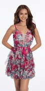 Plunging Floral Tiered Fit and Flare Dress with Satin Tie Image 4