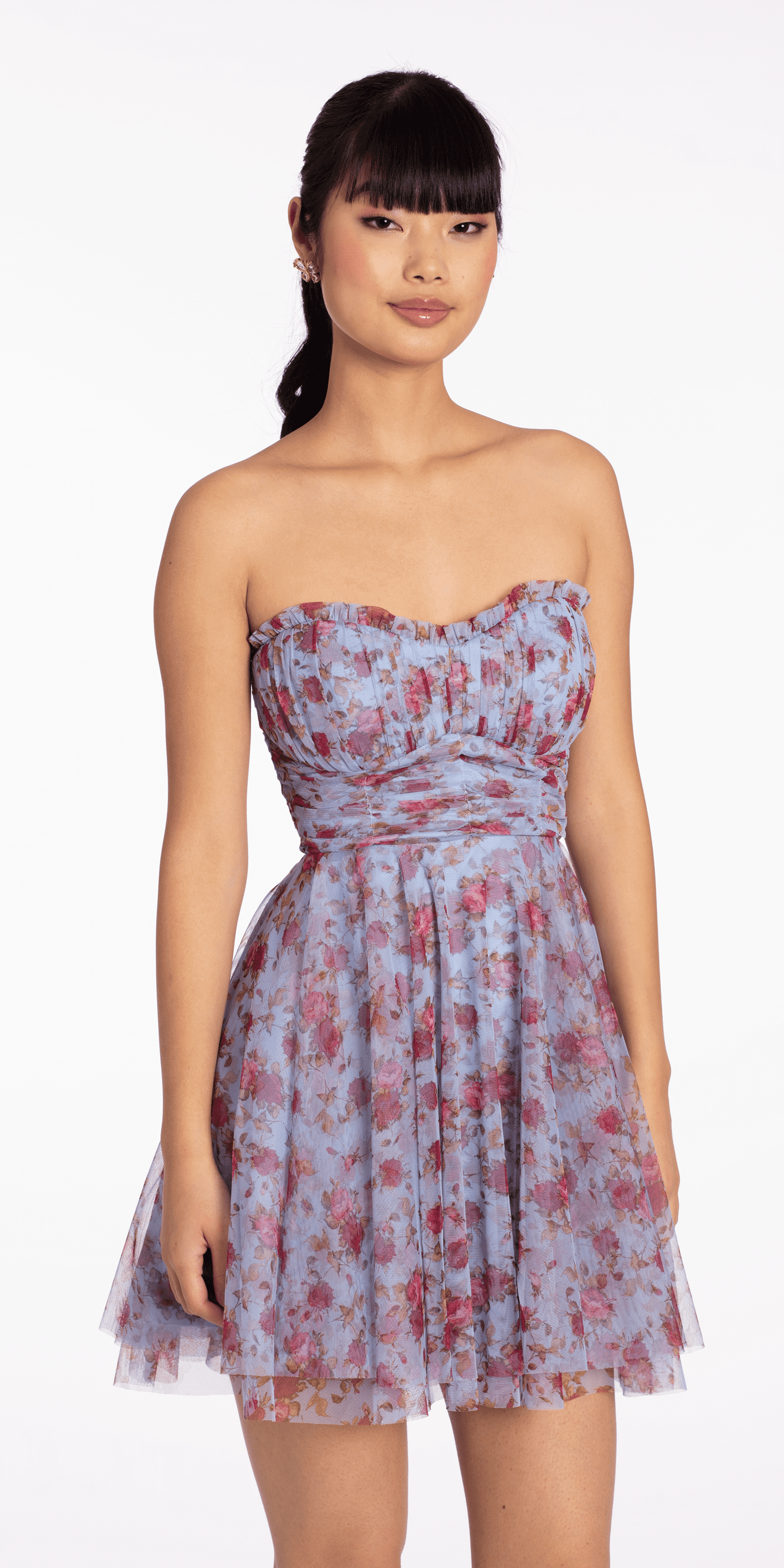 Camille La Vie /Rose Print Scallop Neck Fit and Flare Dress/ missy/ size /4 /periwinkle /front 1