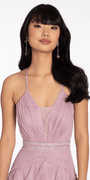 lilac/size/4/missy/Camille La Vie/Mesh Strappy Back Halter Tiered Ballgown/close up1