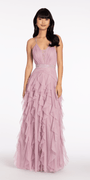 lilac/size/4/missy/Camille La Vie/Mesh Strappy Back Halter Tiered Ballgown/front