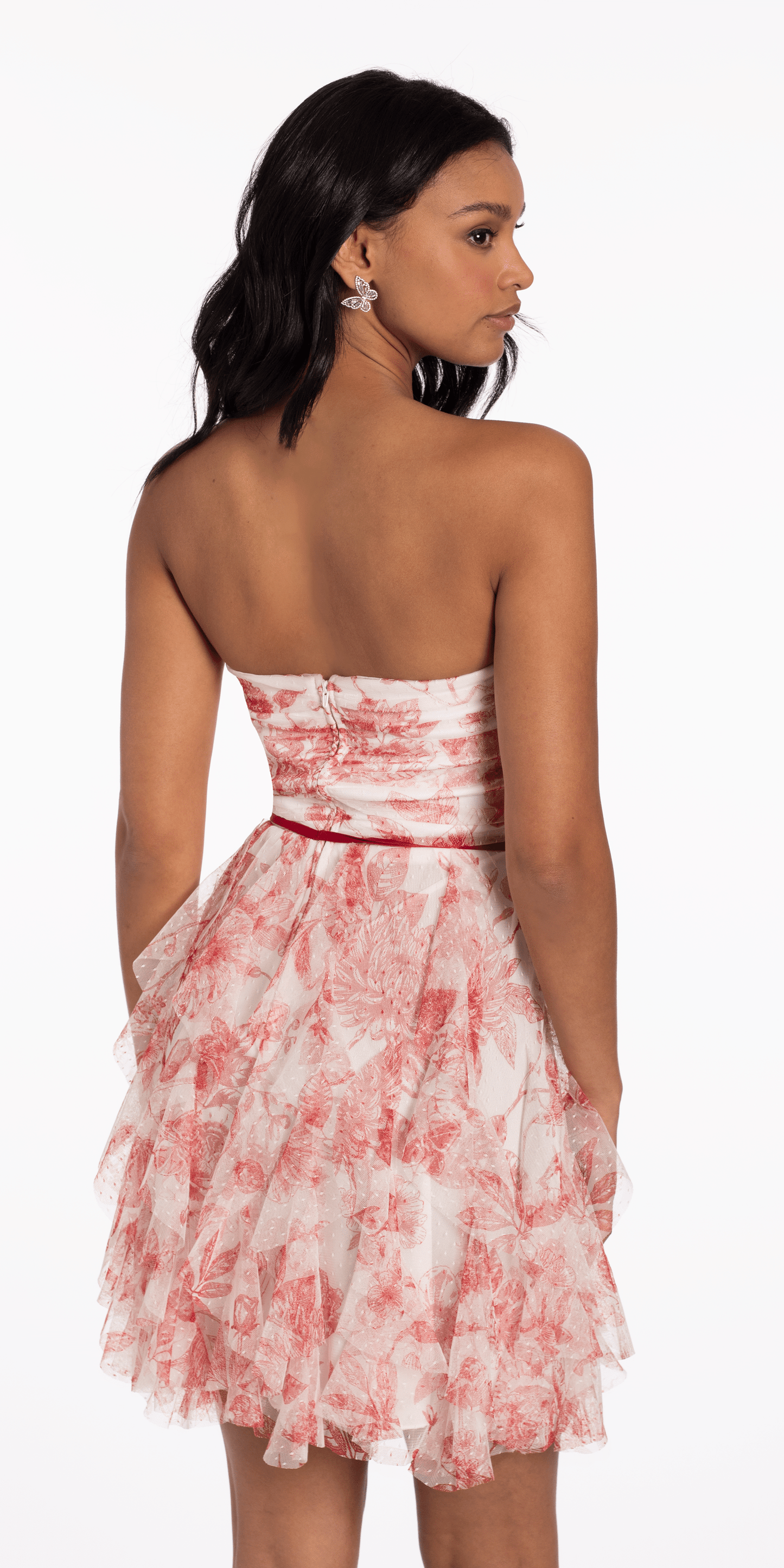Camille La Vie Strapless Floral Mesh Tiered Fit and Flare Dress