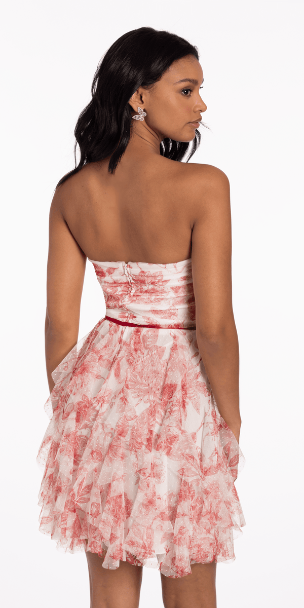 Strapless Floral Mesh Tiered Fit and Flare Dress - Camille La Vie