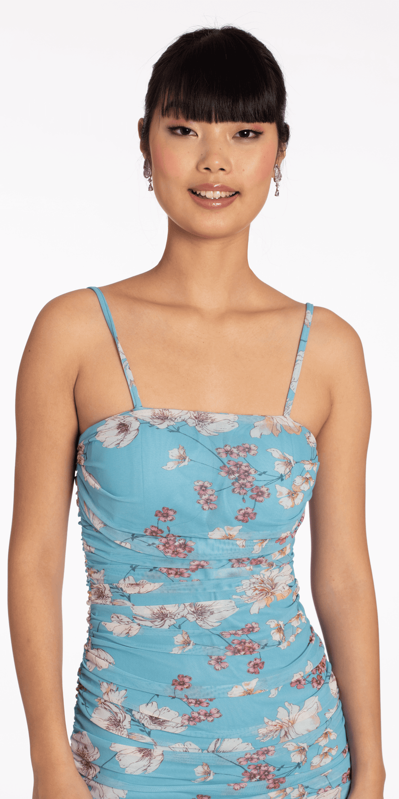 Square Neck Spaghetti Strap Floral Mesh Ruched Bodycon Dress Image 3