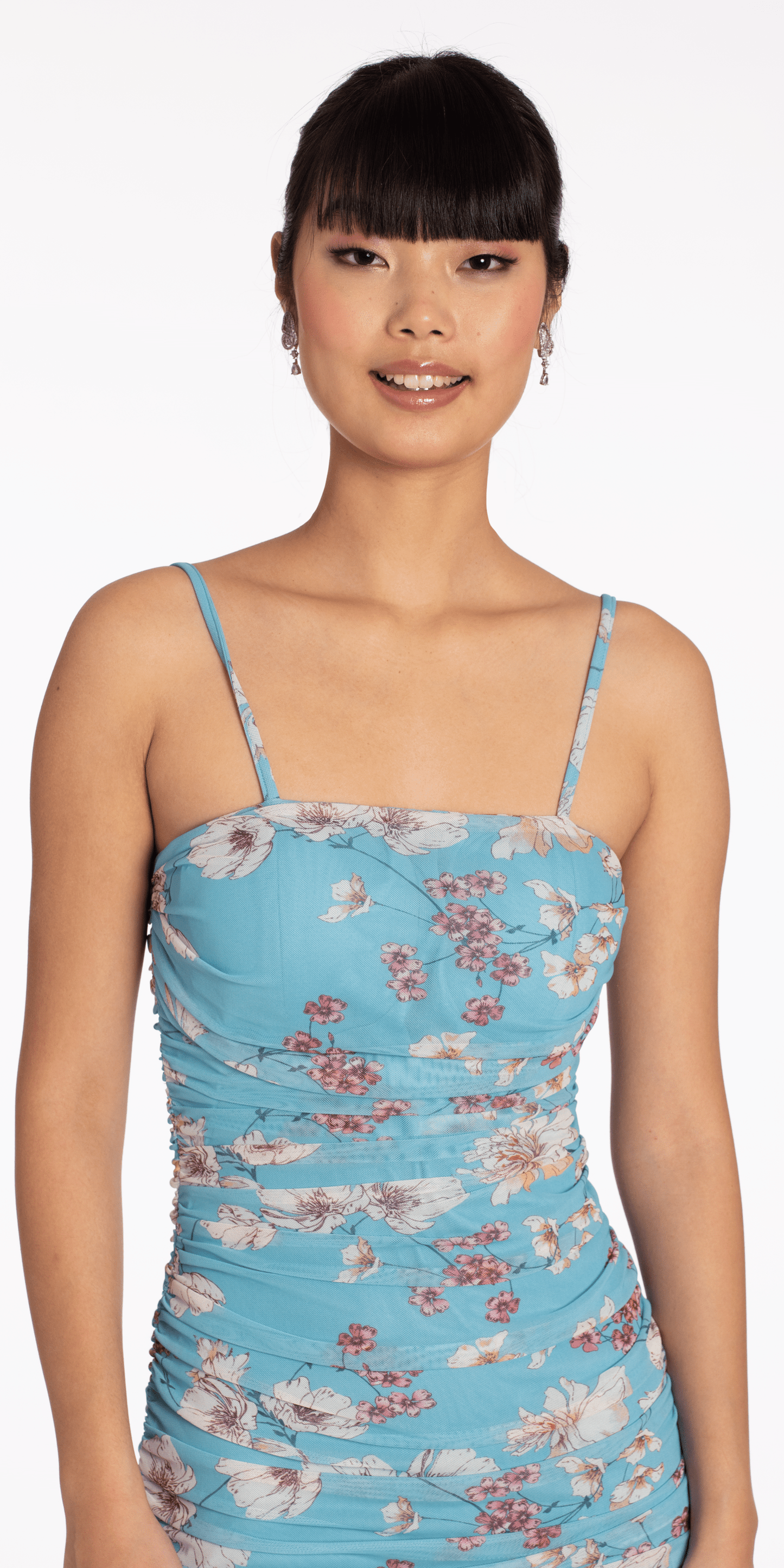 Blue/ Size /4 /Camille La Vie /Square Neck Spaghetti Strap Floral Mesh Ruched Bodycon Dress / Close Up