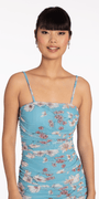 Square Neck Spaghetti Strap Floral Mesh Ruched Bodycon Dress Image 2