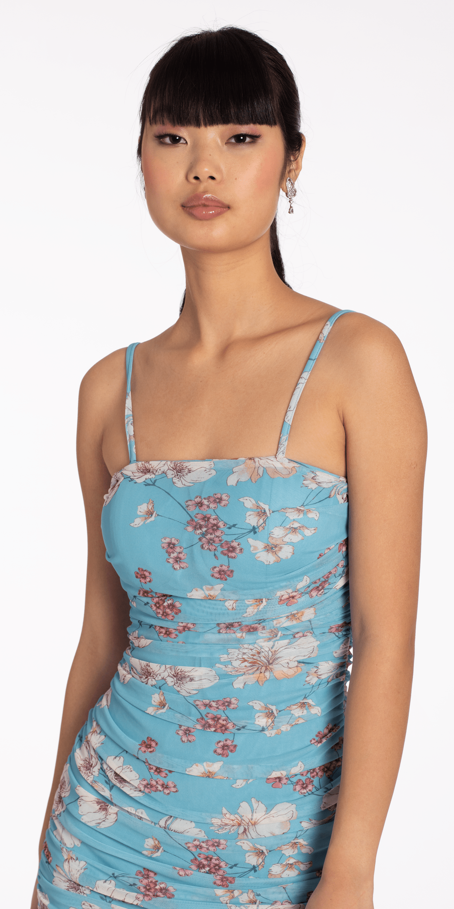 Square Neck Spaghetti Strap Floral Mesh Ruched Bodycon Dress junior / XL / blue Square Neck Spaghetti Strap Floral Mesh Ruched Bodycon Dress junior / XL / blue