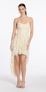 Glitter Mesh Scoop Pleated Empire High Low Dress with Tendrils - Camille La Vie