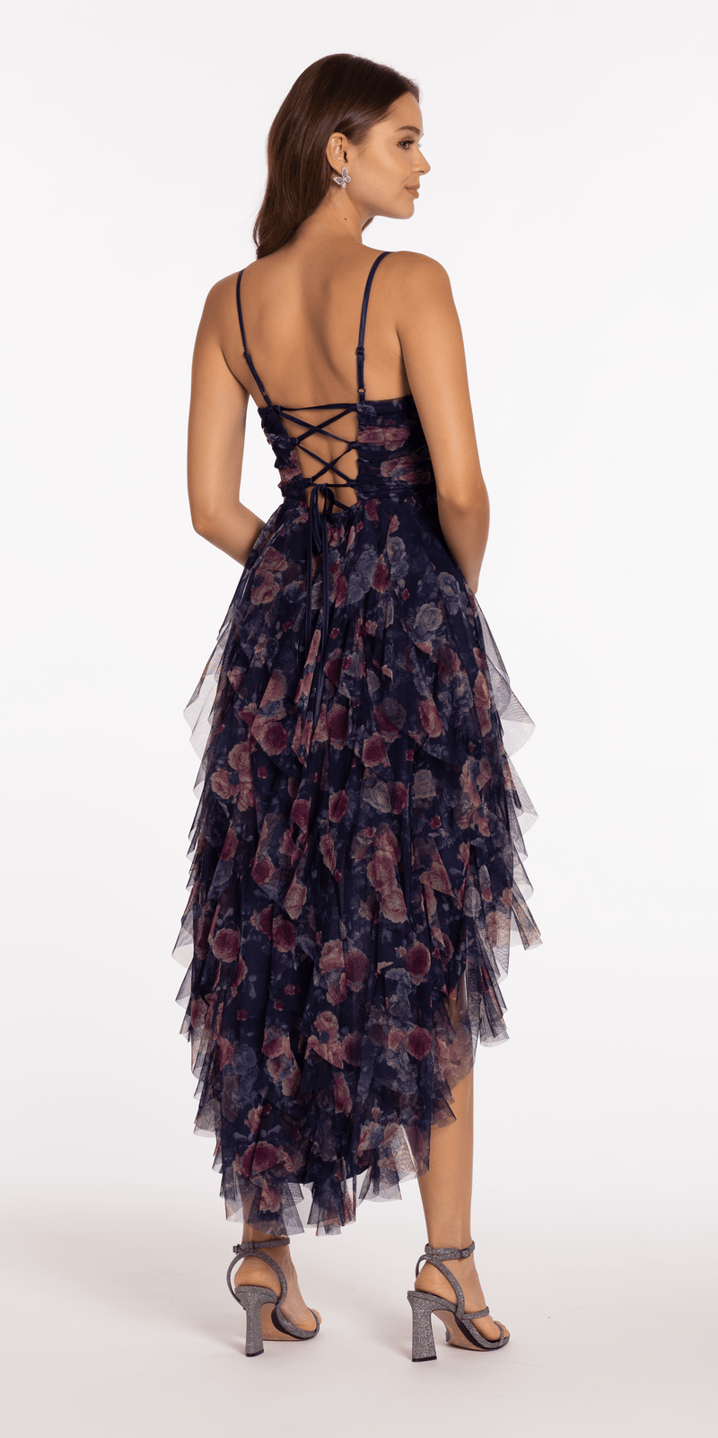 Pleated Print Mesh High Low Dress with Tendrils Image 5