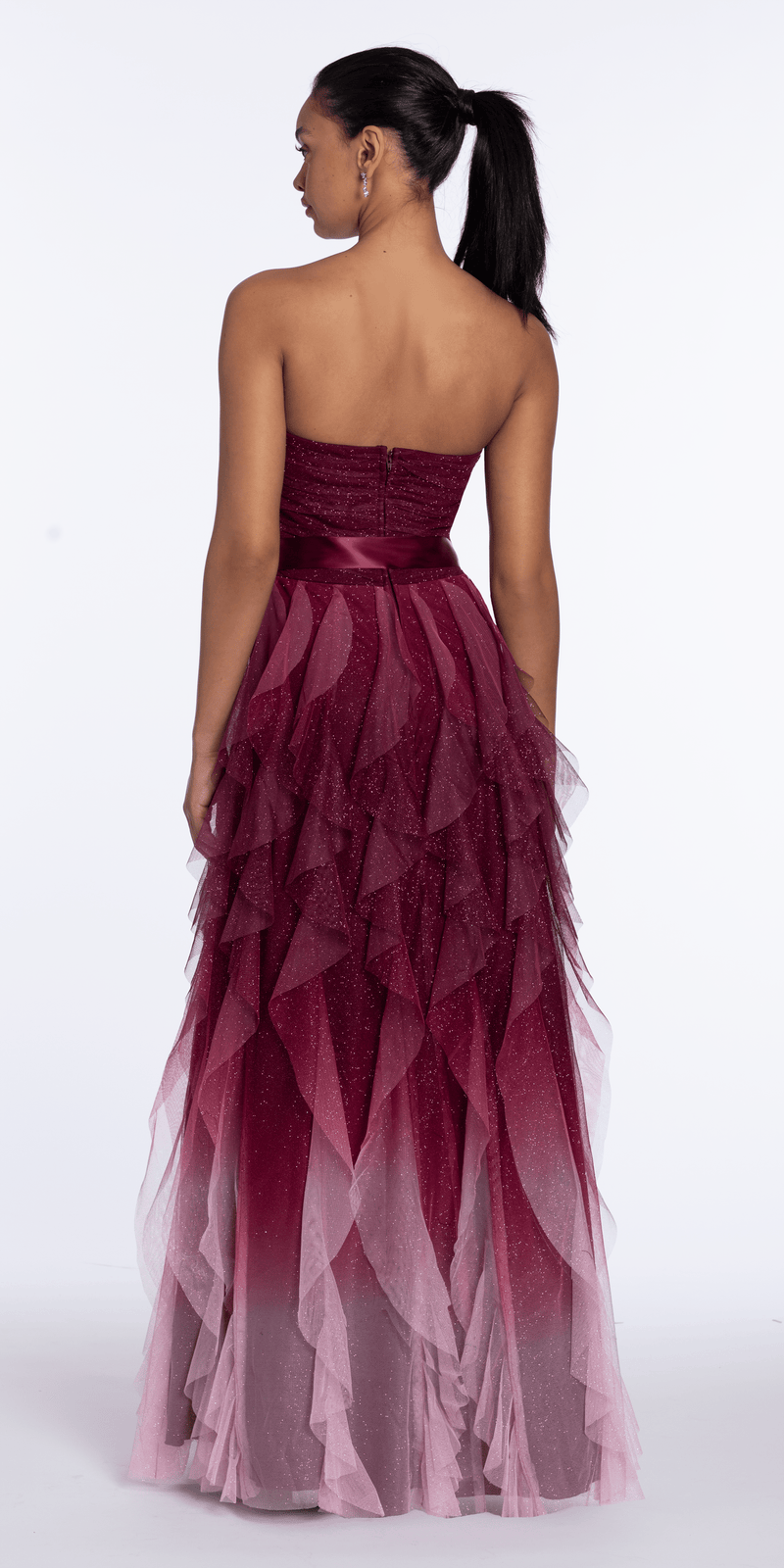 open lace back dress Strapless Glitter Mesh Ombre Tendril Dress with Satin Tie Junior / 14 / Burgundy