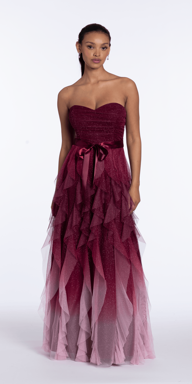 Strapless Glitter Mesh Ombre Tendril Dress with Satin Tie Junior / 14 / Burgundy