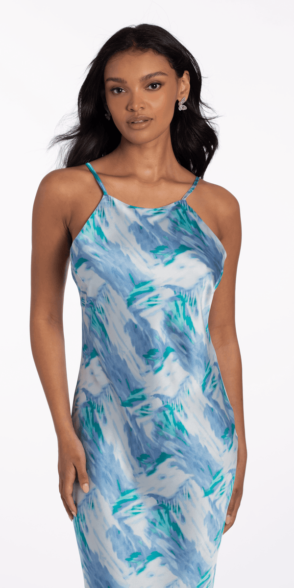 Satin Watercolor Strappy Back Halter Midi Dress Image 4