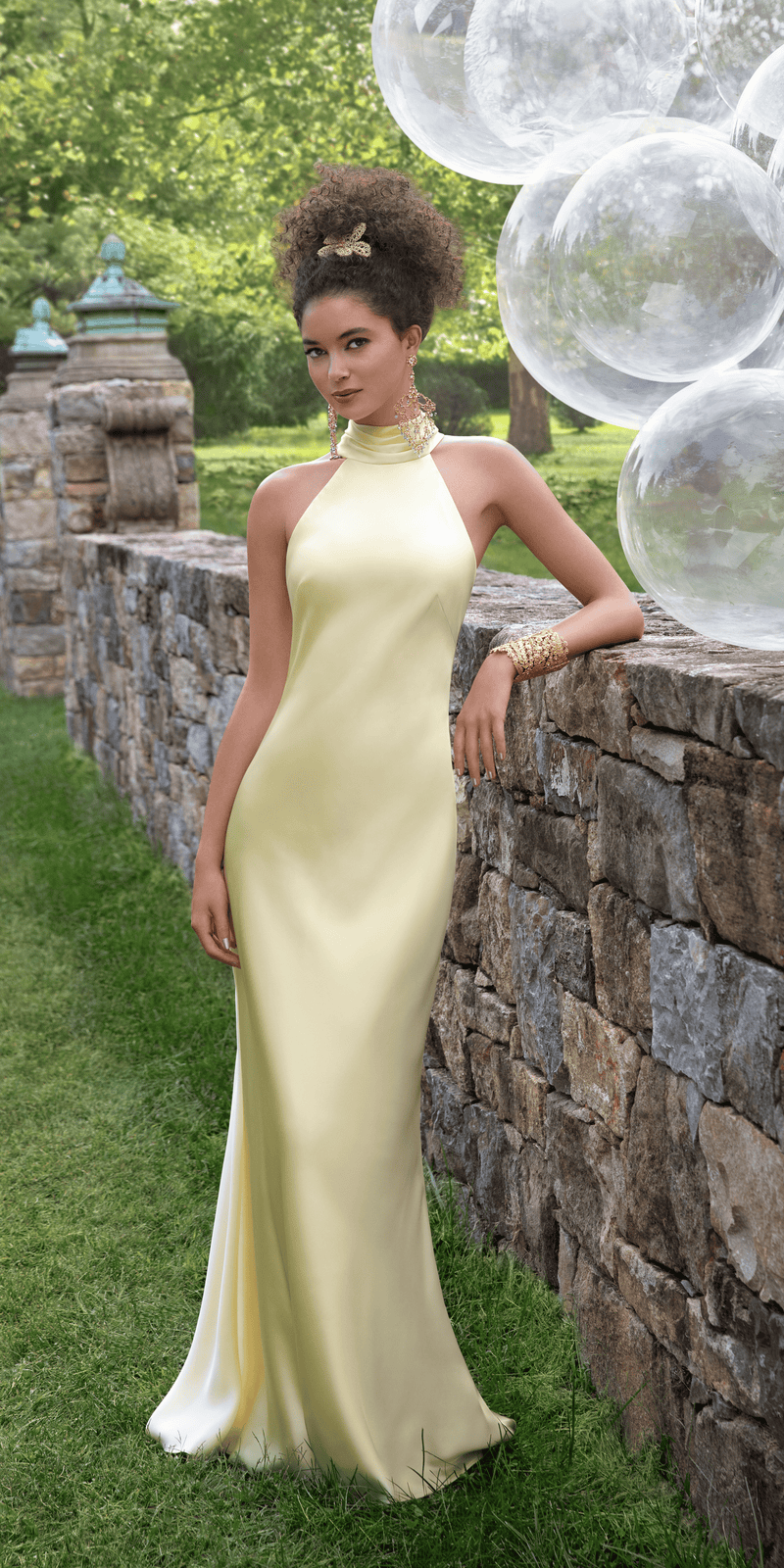 Charmeuse Satin Cutaway Halter Column Dress with Back Ruching Image 1