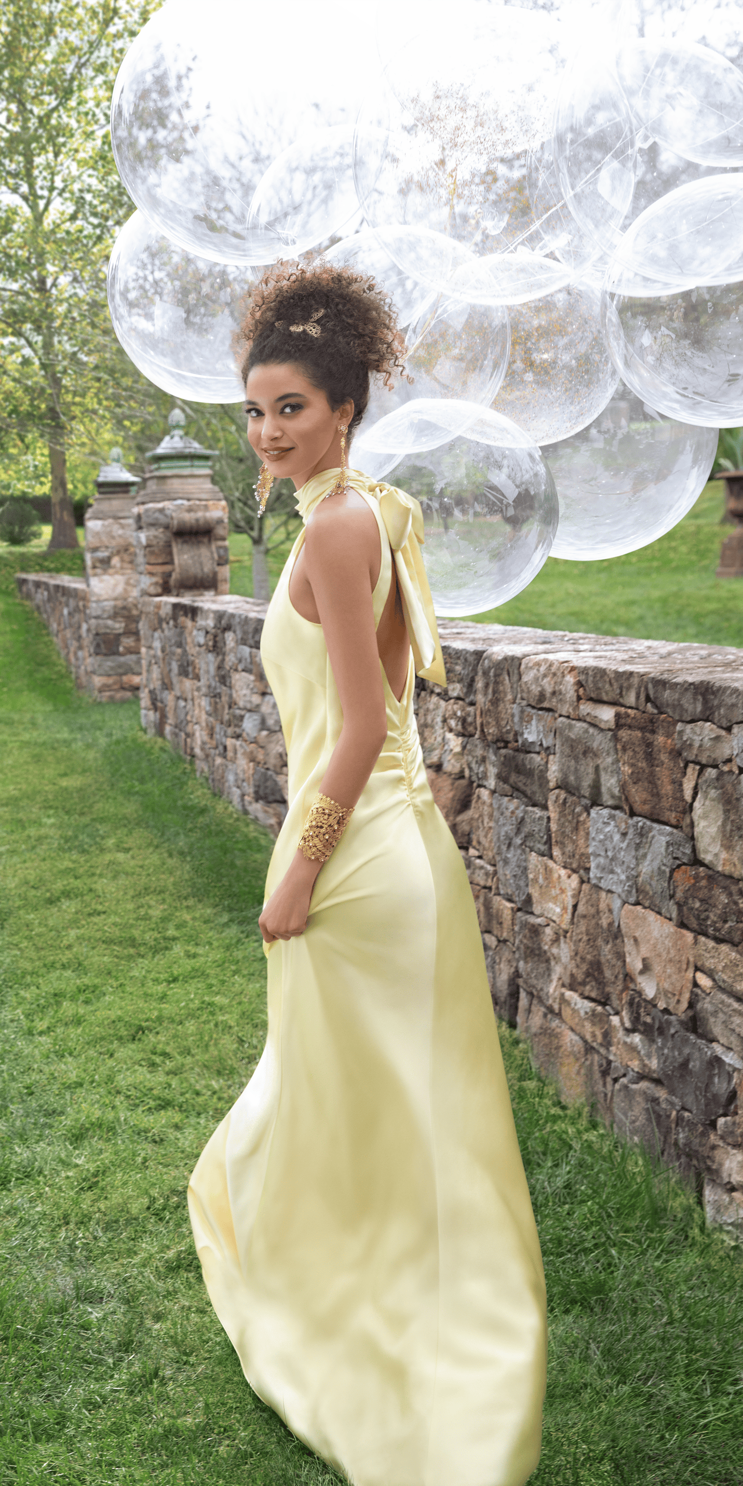 Camille La Vie Charmeuse Satin Cutaway Halter Column Dress with Back Ruching