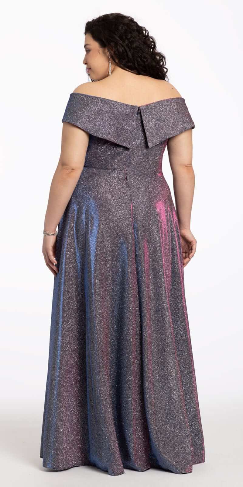 black-fuchsia/size/16/plus/Camille La Vie/Off The Shoulder Surplice Two Tone Metallic Dress/back