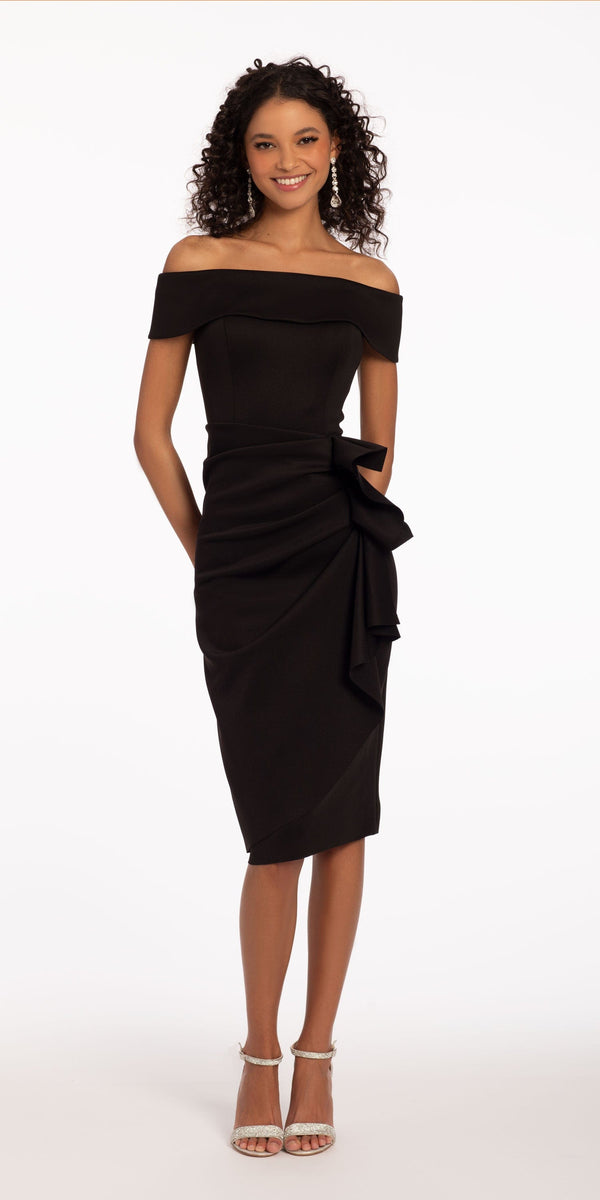Off the Shoulder Scuba Dress with Side Cascade Image 1
