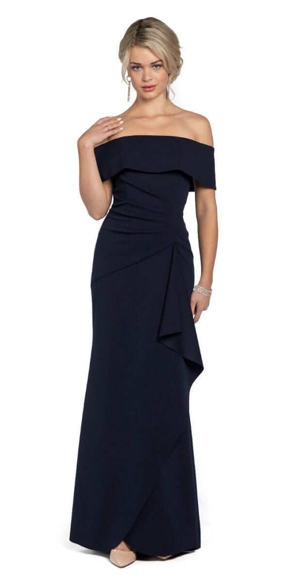 navy/size/6/missy/Camille La Vie/Off the Shoulder Crepe Dress with Side Drape/front