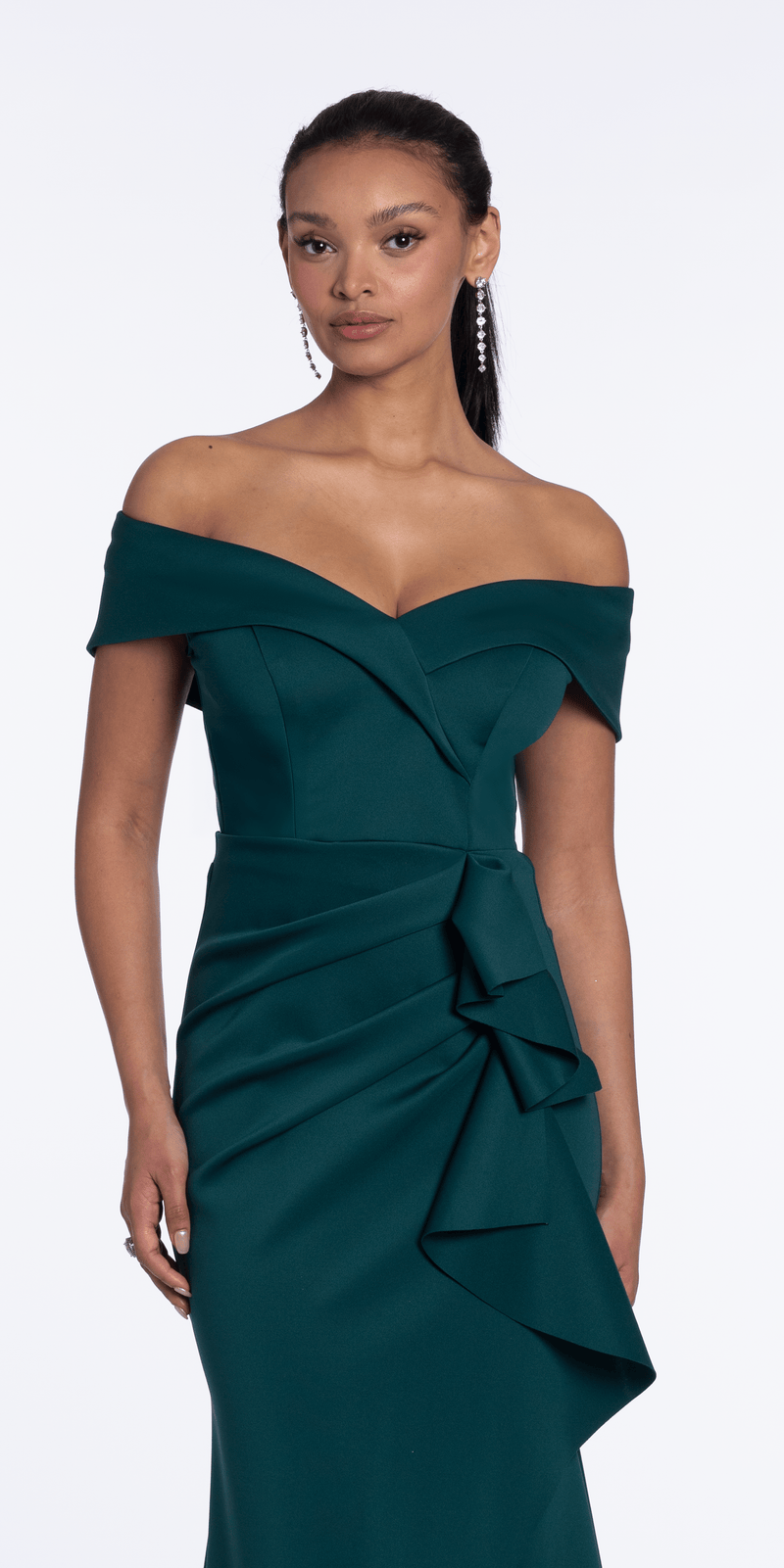 Off the Shoulder Midi Scuba Dress with Side Cascade Off the Shoulder Midi Scuba Dress with Side Cascade