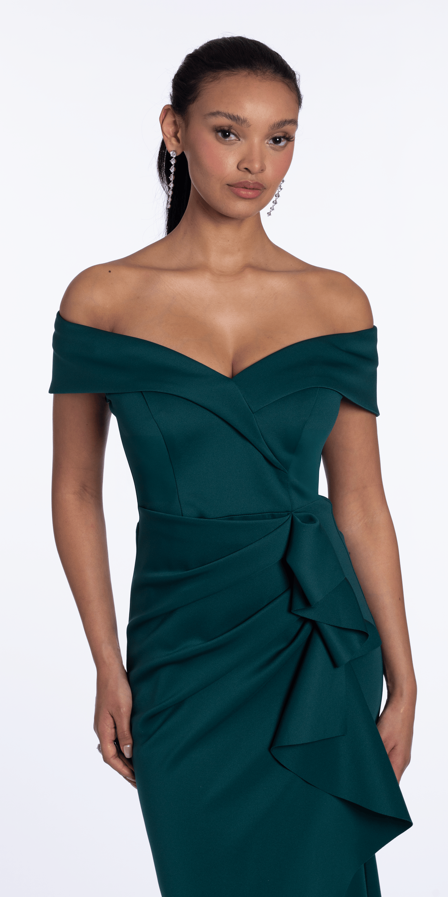 hunter-green/size/4/missy/Camille La Vie/Off the Shoulder Scuba Dress with Side Ruffle/close up