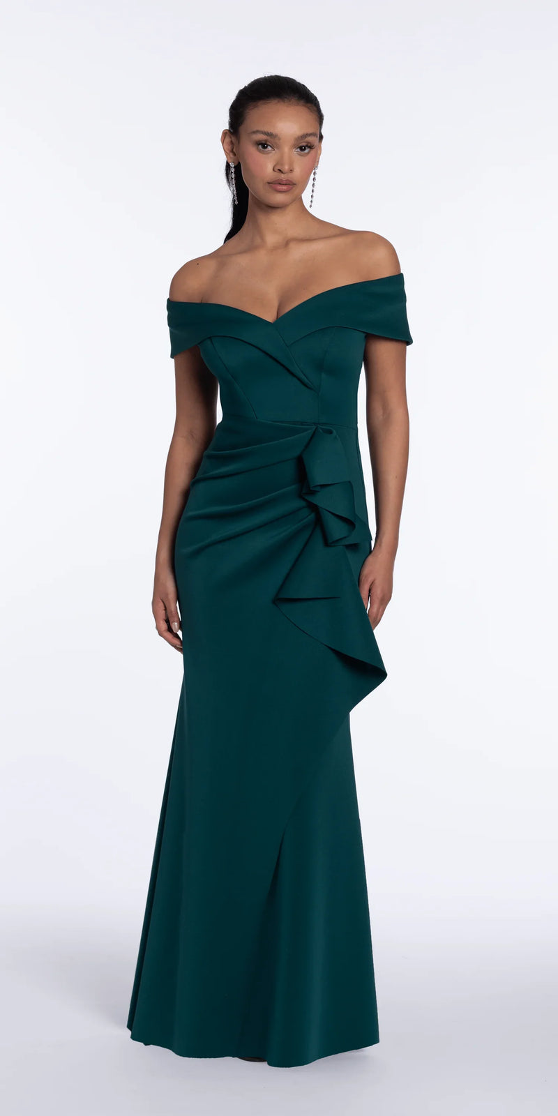 Off the Shoulder Scuba Dress with Side Ruffle missy / 14 / Ivory