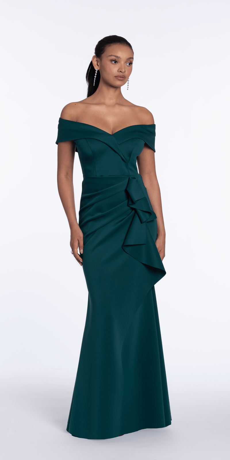 Off the Shoulder Scuba Dress with Side Ruffle – Camille La Vie