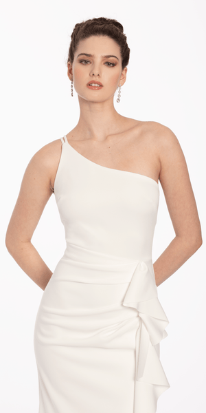 Scuba One Shoulder Column Dress with Side Ruffle Image 3