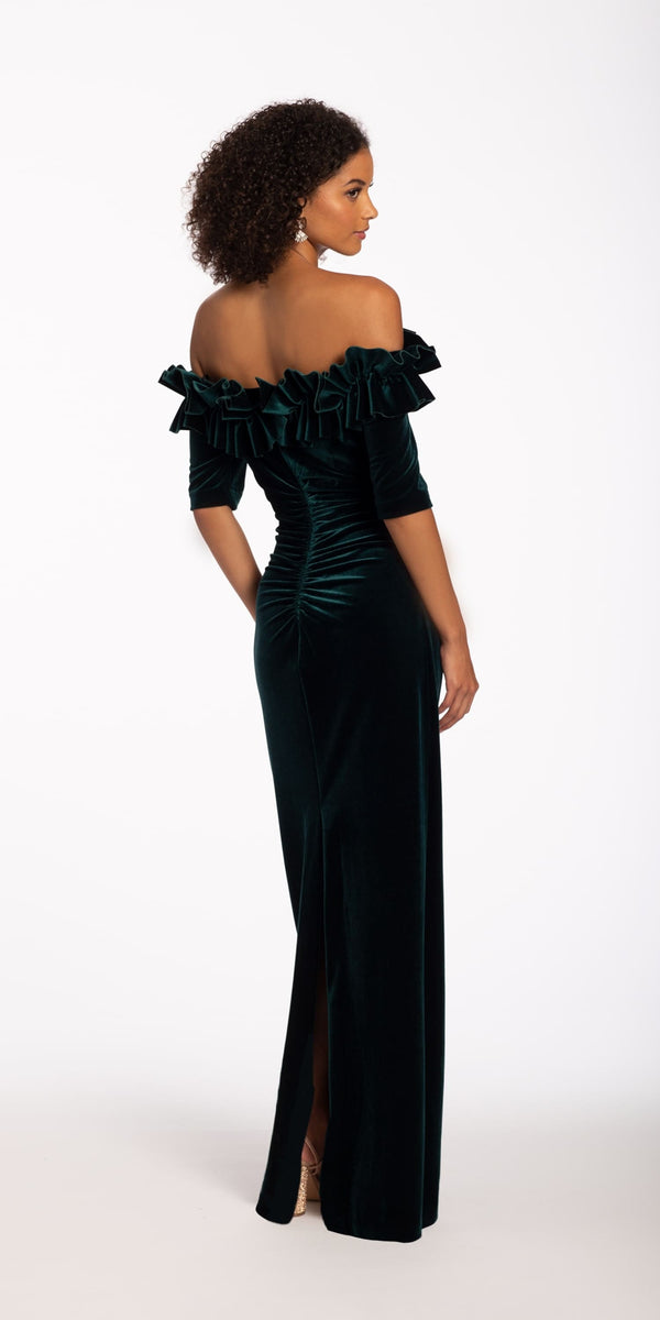 Velvet Off the Shoulder Short Sleeve Dress with Ruffle Detail Image 2
