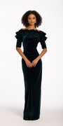 Velvet Off the Shoulder Short Sleeve Dress with Ruffle Detail Image 1