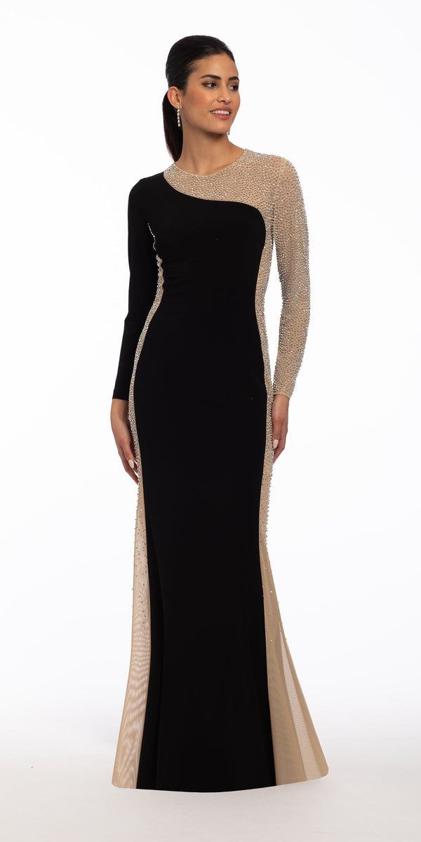 Portrait Neck Jersey Long Sleeve Dress with Bead Detail Image 1