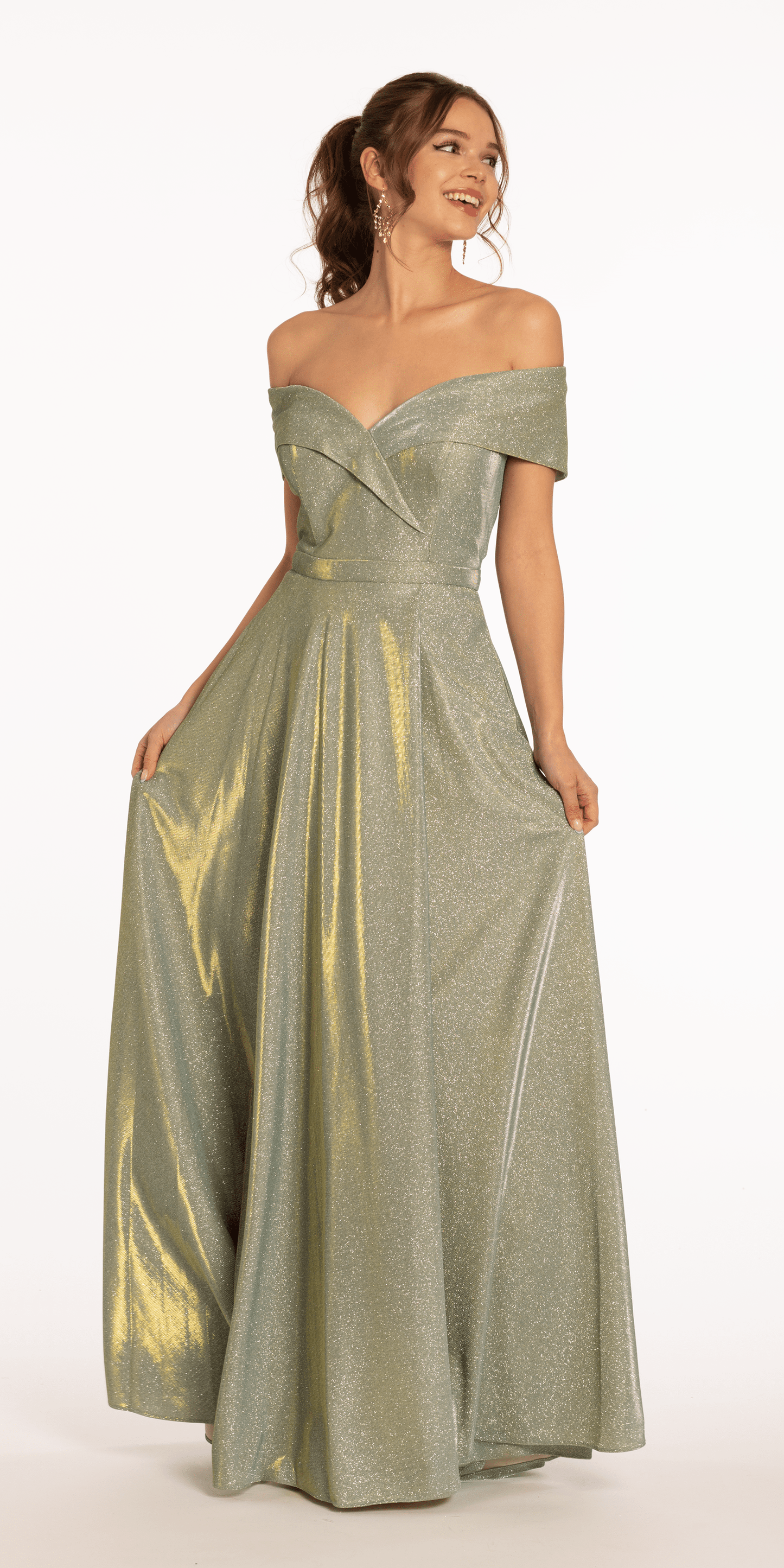Two Tone Metallic Off the Shoulder Mock Wrap Dress Camille La Vie Two Tone Metallic Off the Shoulder Mock Wrap Dress Camille La Vie