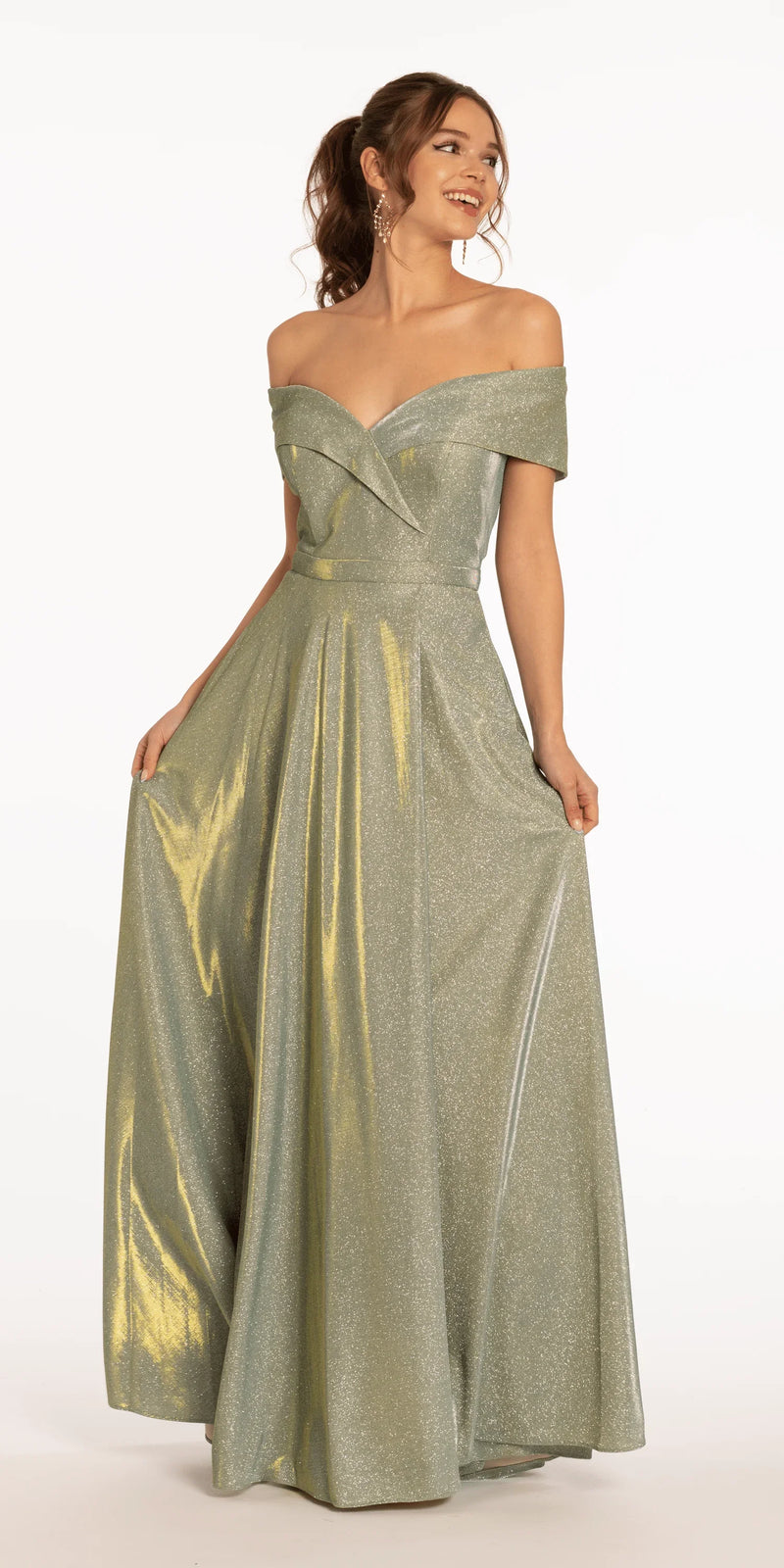 Two Tone Metallic Off the Shoulder Mock Wrap Dress