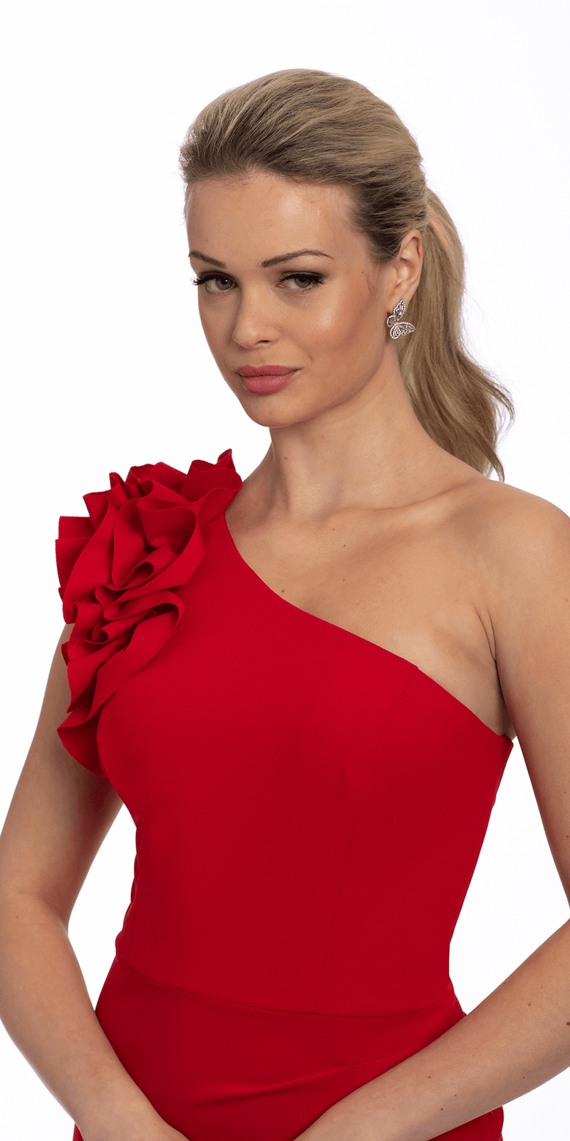 Ruffle One Shoulder Scuba Dress with Ruching and Floral Detail Image 2