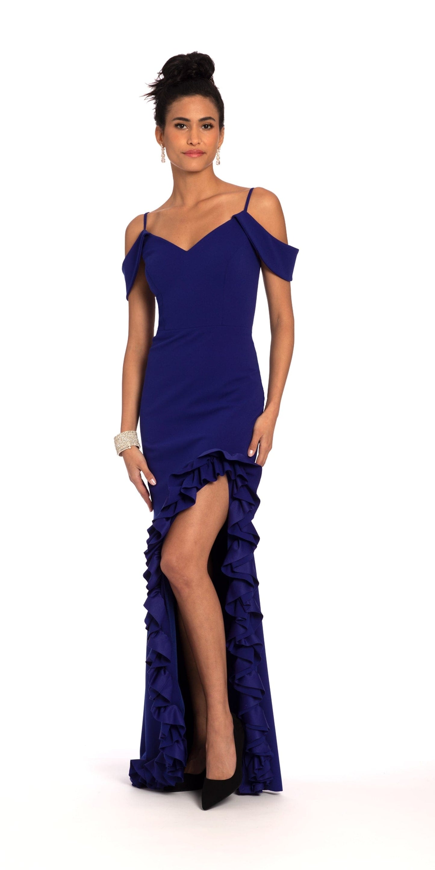 Camille La Vie Drape Cold Shoulder Dress with Ruffle Side Slit missy / 2 / royal-blue