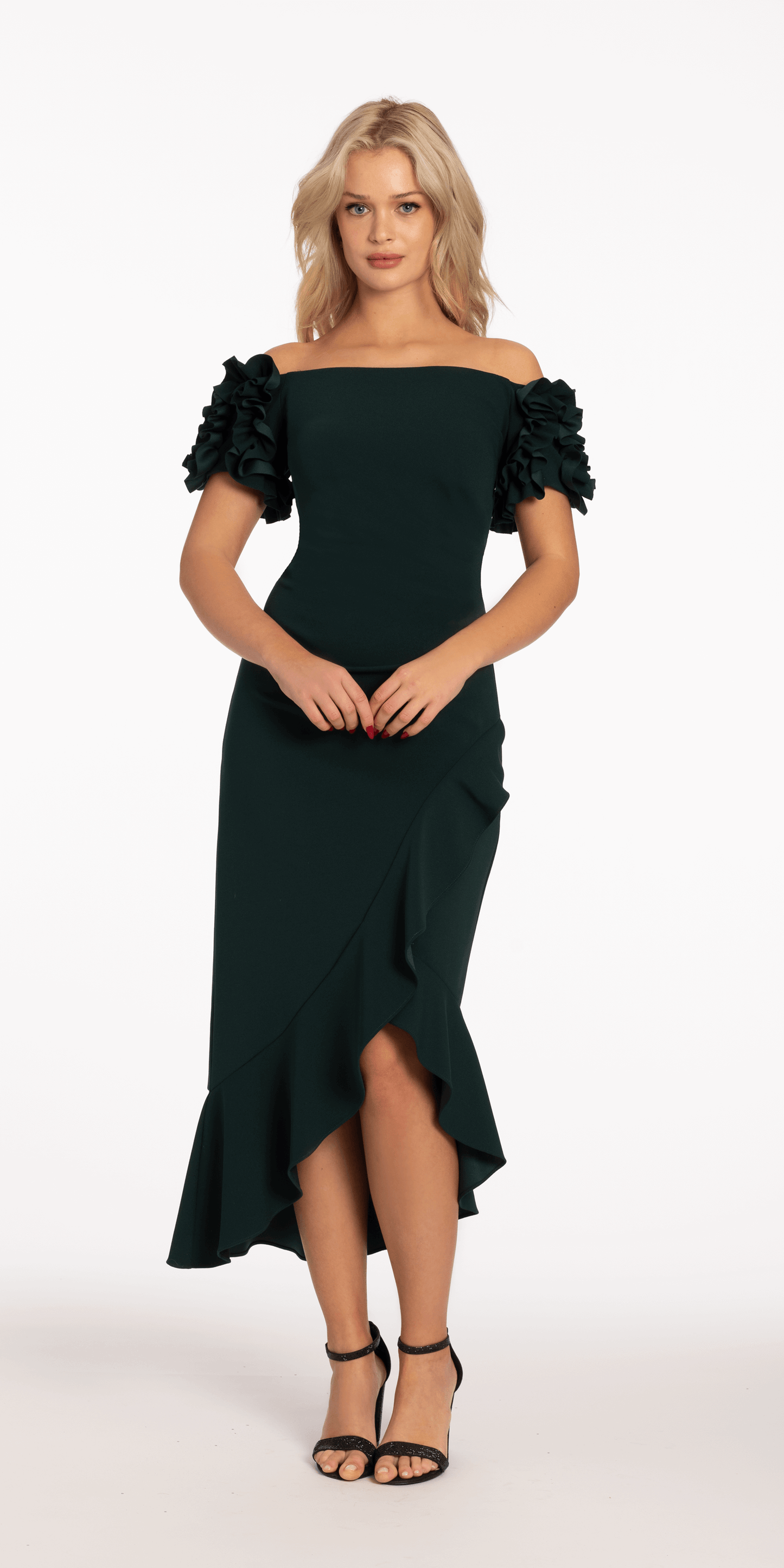 Camille La Vie Crepe Puff Sleeve Off the Shoulder Dress with Ruching missy / 4 / pine-green