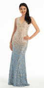 Ombre Abstract Sequin V Back Column Dress with Mesh Cut Outs Image 1