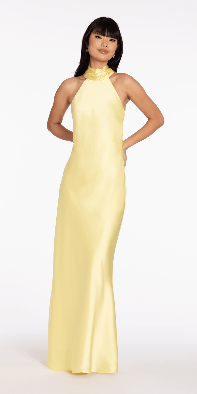 Charmeuse Satin Cutaway Halter Column Dress with Back Ruching Image 5