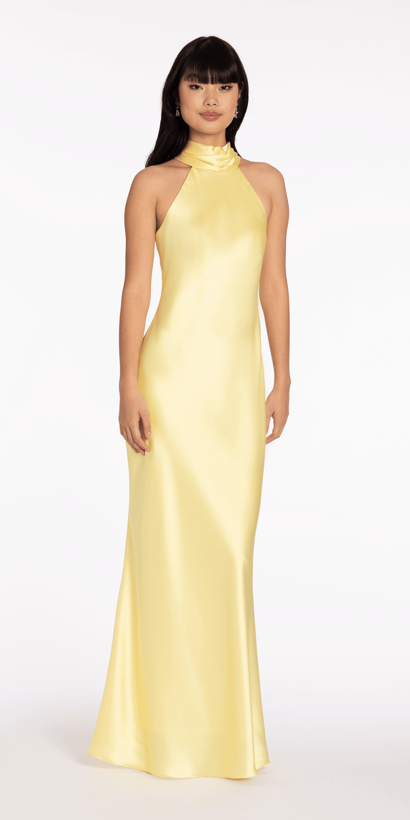 Charmeuse Satin Cutaway Halter Column Dress with Back Ruching Image 6
