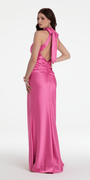 Charmeuse Satin Cutaway Halter Column Dress with Back Ruching Image 4