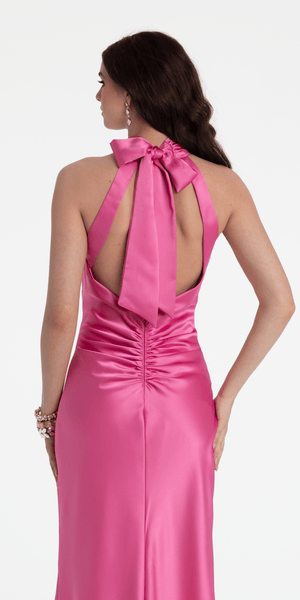 Charmeuse Satin Cutaway Halter Column Dress with Back Ruching Image 2