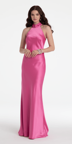 Charmeuse Satin Cutaway Halter Column Dress with Back Ruching Image 1