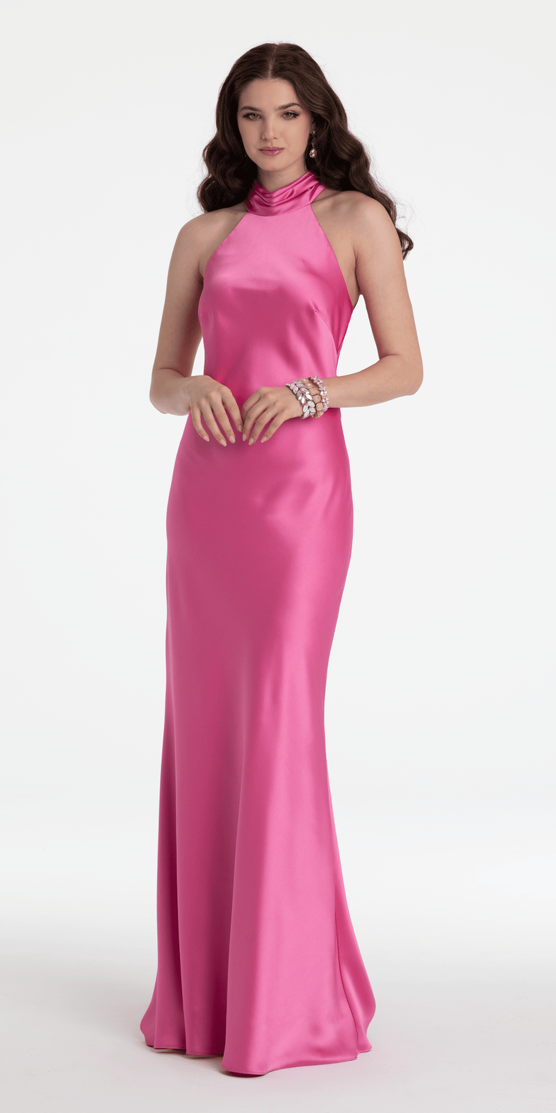 Charmeuse Satin Cutaway Halter Column Dress with Back Ruching Image 9