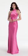 Charmeuse Satin Cutaway Halter Column Dress with Back Ruching Image 1