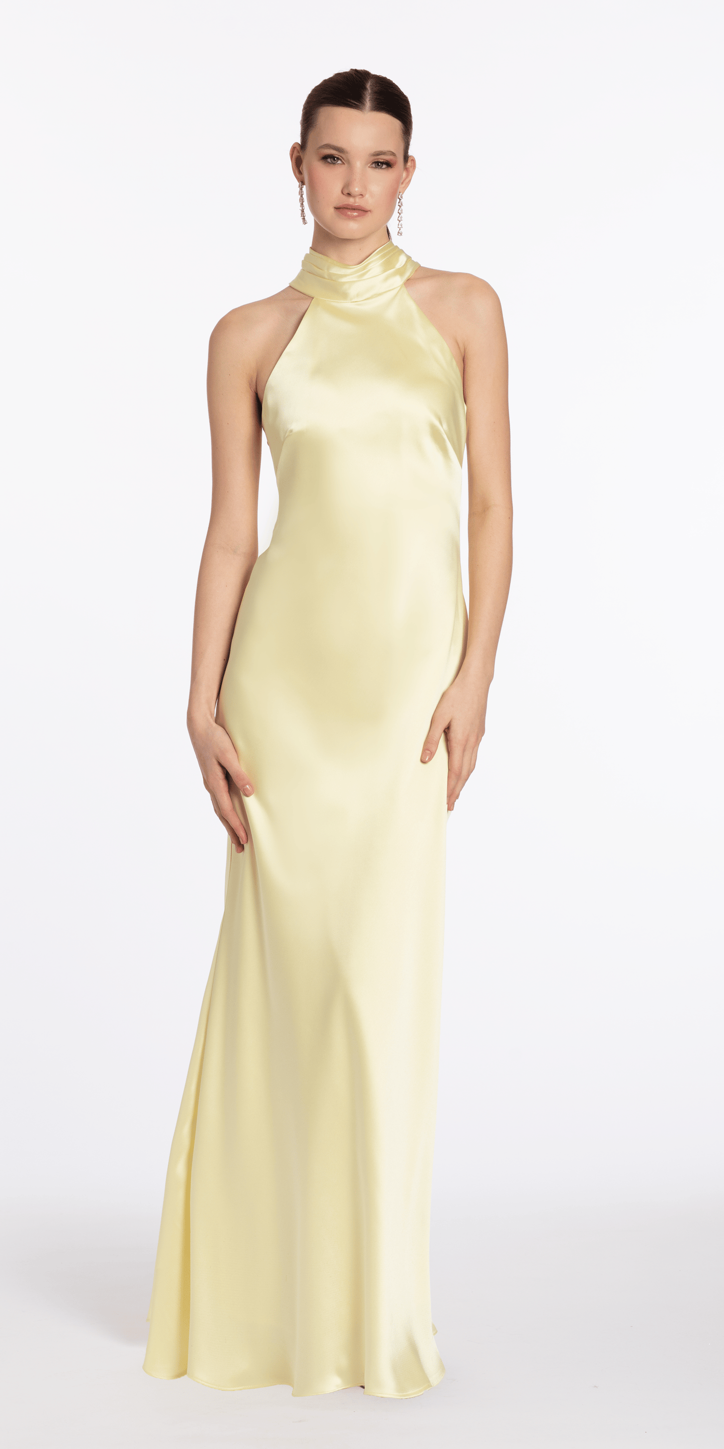 Camille La Vie Charmeuse Satin Cutaway Halter Column Dress with Back Ruching