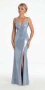 Metallic Plunge Knot Back Column Dress with Side Slit Image 2
