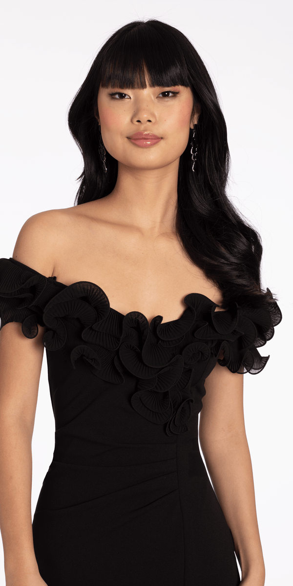 Ruffle Off the Shoulder Crepe Midi Dress with Ruching Image 2