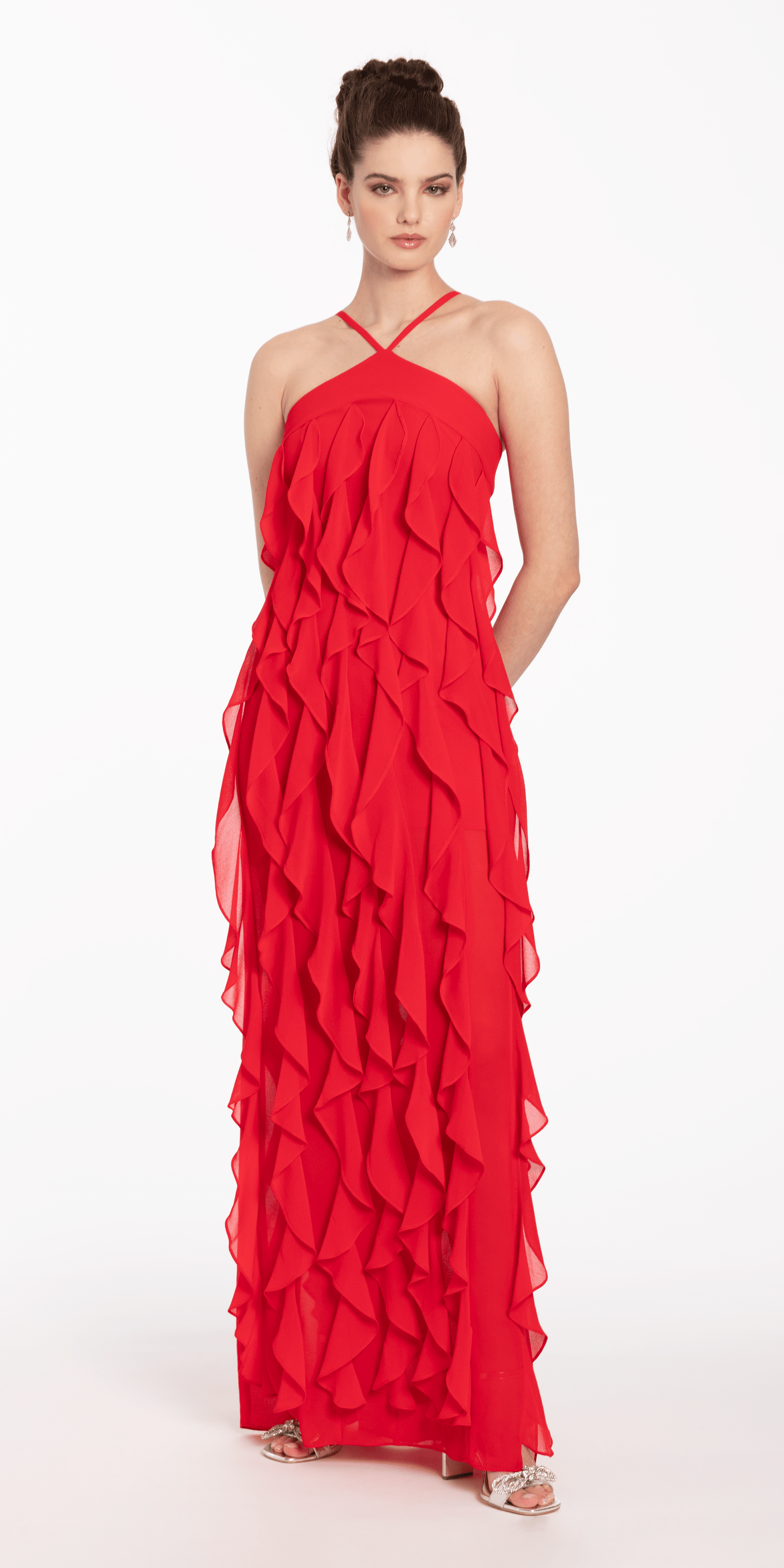 Camille La Vie Chiffon Halter Neck Ruffle Dress missy / 2 / red