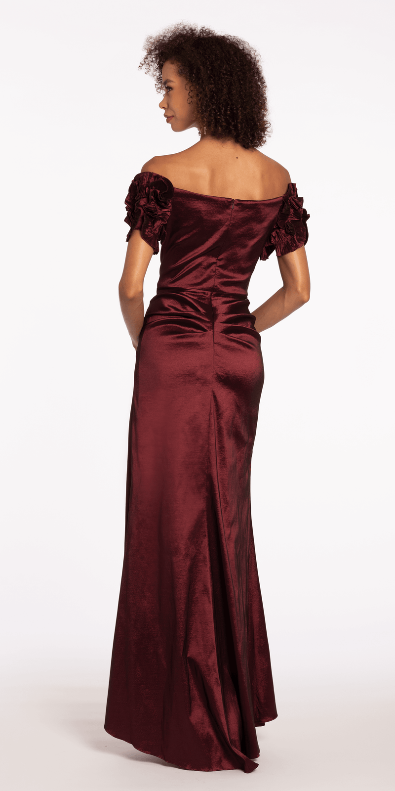 red velvet drape off shoulder column dress Taffeta Ruffle Off the Shoulder Trumpet Dress missy / 10 / wine