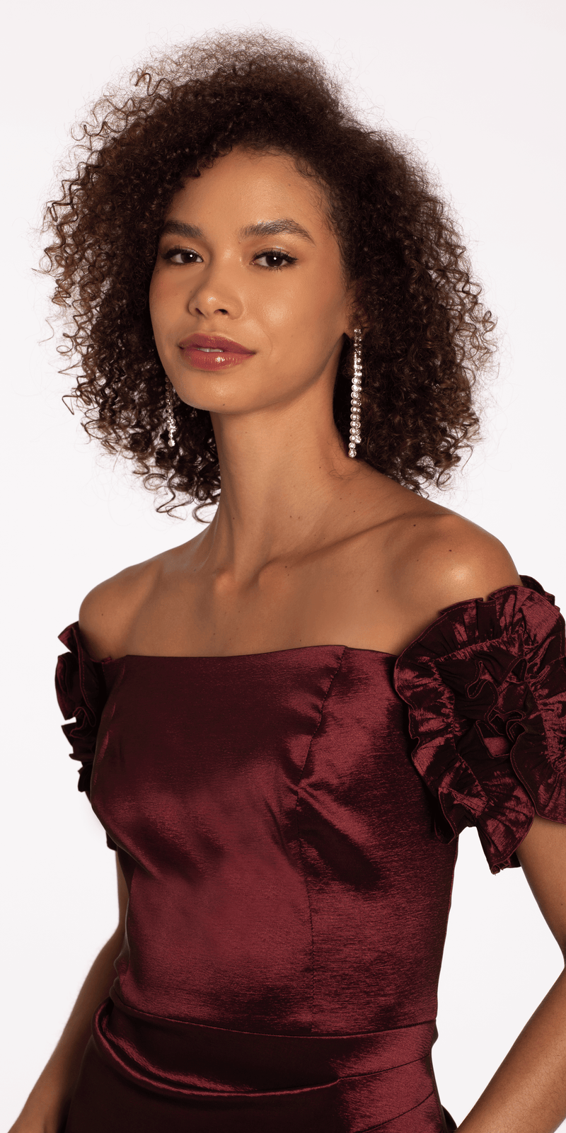 off shoulder ruffle trim trumpet sleeve dress Taffeta Ruffle Off the Shoulder Trumpet Dress missy / 10 / wine