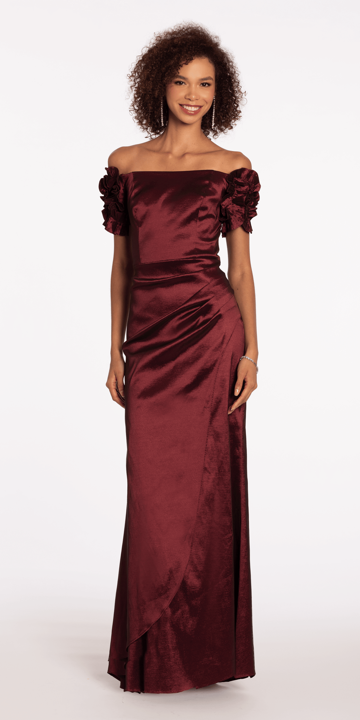 off shoulder ruffle trim trumpet sleeve dress Taffeta Ruffle Off the Shoulder Trumpet Dress missy / 10 / wine