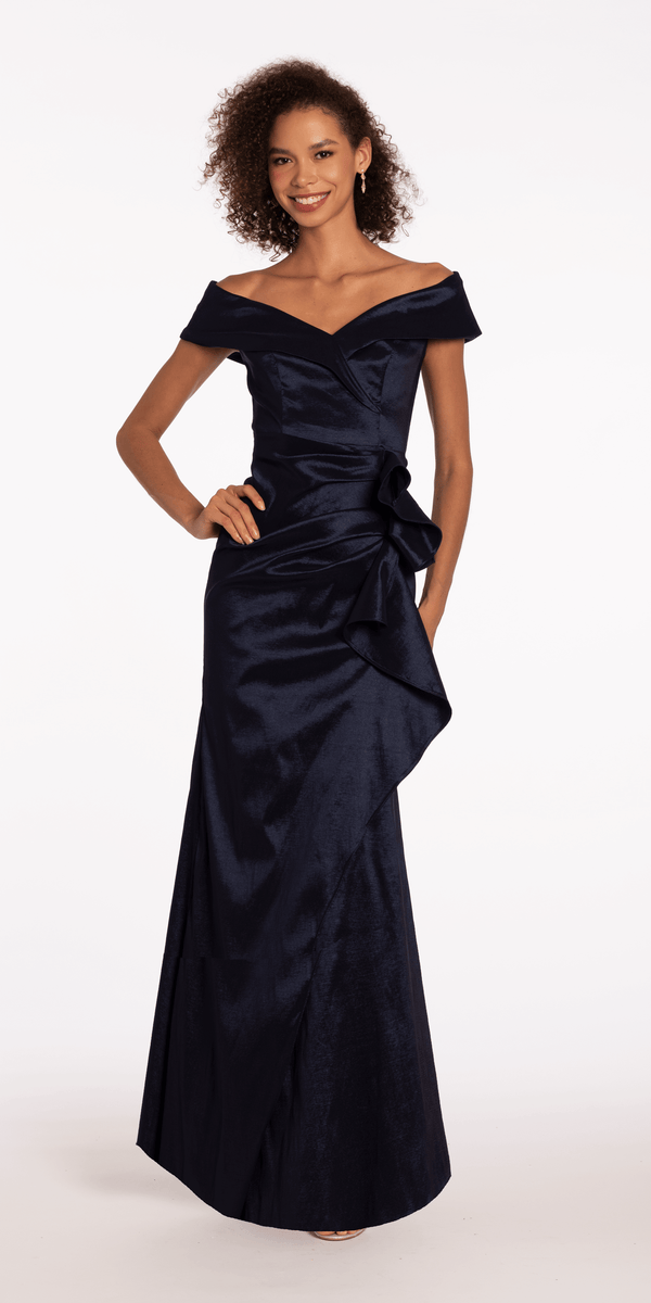 Taffeta Cuff Off The Shoulder Column Dress with Side Slit